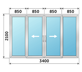 Четырехстворчатая дверь остекленная NEWTEC 3400x2100