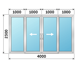 Четырехстворчатая дверь остекленная NEWTEC 4000x2300